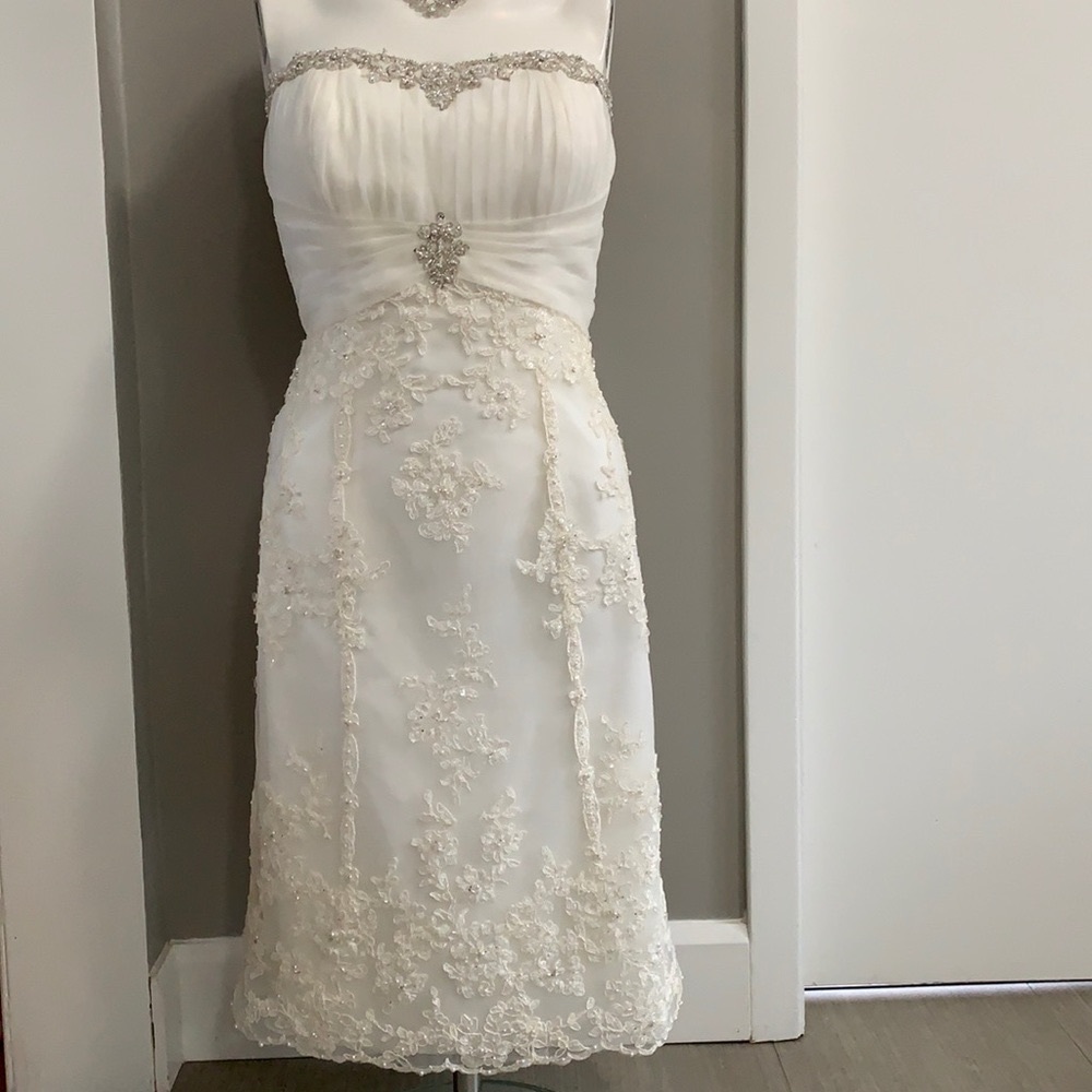 Ella Rosa ivory lace strapless short wedding dress